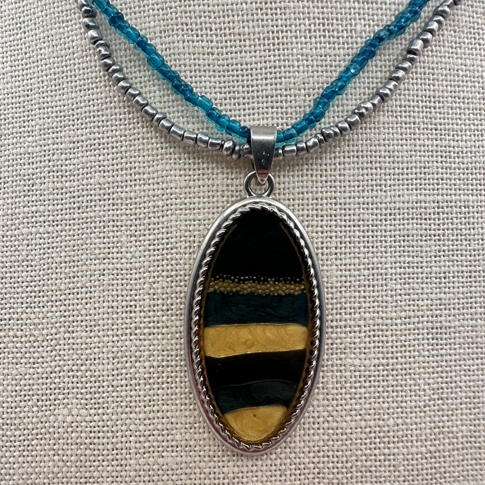 Vintage 90s Double Strand Seed Beaded Oval Pendant Necklace Silver Tone Jewelry